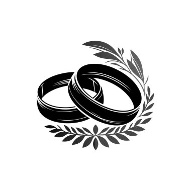 Wedding Rings silhouette. Symbol loves. Wedding ring minimalistic sketch vector black silhouette and leaves. Wedding decor. For proposals and Valentine's Day. Minimalistic clipart ideal for ads and catalogs