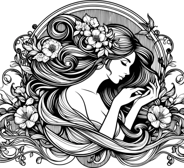 beautiful woman with flowers and floral hair. Modern illustration woman with flowers. Black coloring book. Art nouveau illustration. 