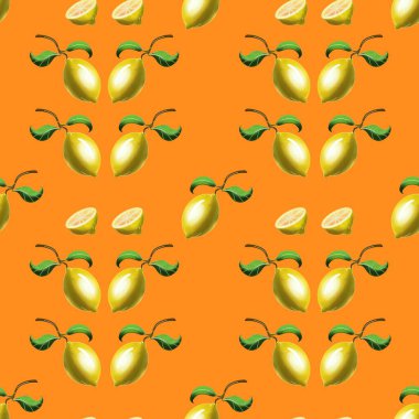 Portakallı ve yapraklı kusursuz desen. Suluboya el çizimi. Turuncu arka planda sarı limon ve limon dilimleri