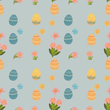   Kusursuz paskalya şablonu. Renkli bir geçmiş. Paskalya yumurtaları ve bahar çiçekleri. Tasarım şablonu, tebrik kartı, renkli yumurtalı paskalya aroması. Paskalya deseni illüstrasyonu. 