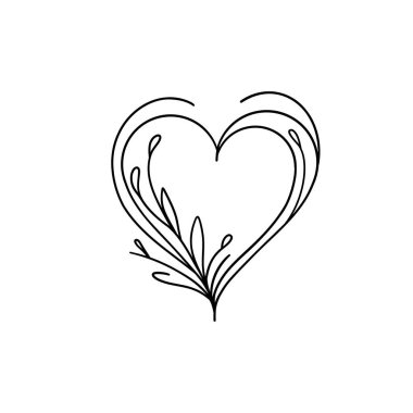 Yapraklarla çizilmiş bir kalp. siyah ve beyaz vektör çizimi. Çiçekli süslemeli kalp. Bir kalp çizimi ve siyah şekil aşk işareti. Basit doğrusal tarzda ince, gösterişli ve romantik semboller. Kara Kalp Mono Hattı. 