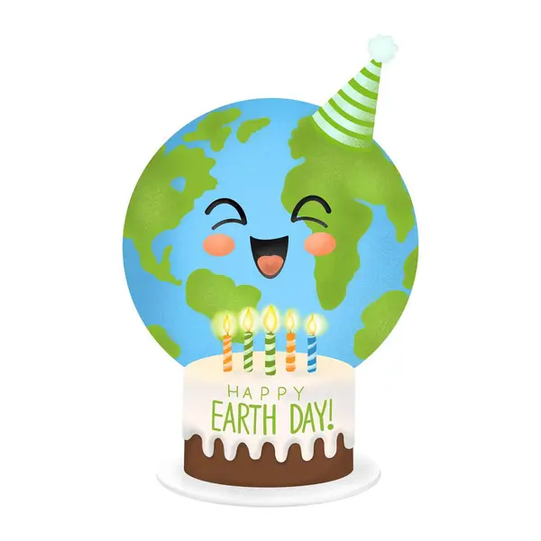 world planet day  illustration isolated on white background. The planet smiles and holds a birthday cake with candles with the inscription Happy Earth Day. international day of mother earth.