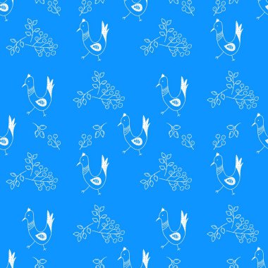   Mavi arka planda tavuklar ve yapraklar dikişsiz desen 