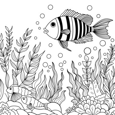 black and white cartoon fish coloring book. Coloring book fish and fishes. Children's coloring book black and white, fish swim and seaweed.