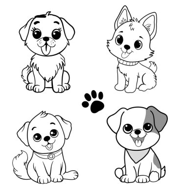 Bir çift yavru köpek. Koleksiyonlar çocuk köpek boyama sayfaları. 