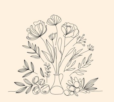 Düğün davetiyeleri, tebrik kartları, afişler için vektör çiçek tasarımı öğeleri. Çiçekler ve yapraklar ana hatları. 