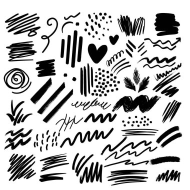Beyaz arka planda siyah fırça darbeleri, karalamalar ve soyut şekiller koleksiyonu. Tasarım, çizgiler, noktalar, girdaplar, kalpler, el yapımı elementler, yaratıcı projeler ve grafik tasarımı için içerir