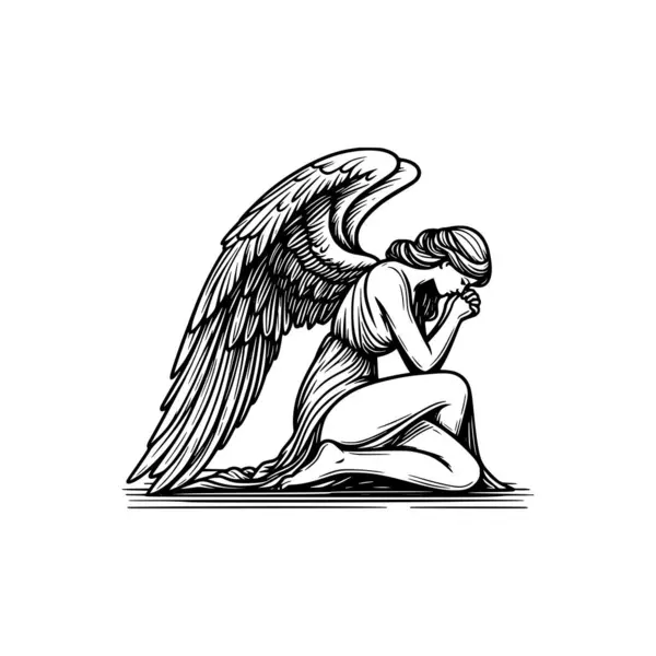 Diz çökmüş bir meleğin ayrıntılı siyah-beyaz tasviri ayrıntılı kanatları olan, dua eden bir duruşta tasvir edilmiş. Karmaşık çizgi çalışması, meleğin huzurlu ve düşünceli doğasını yakalar. Dini, ruhani veya sanatsal projeler için mükemmel..