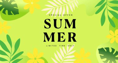 Yaz indirimi renkli afiş. Yeşil zemin üzerinde elementler, tropikal yapraklar ve çiçeklerle birlikte yaz indirimi düzenlenebilir şablon afişi afiş, tebrik kartları, web sitesi başlığı için fotokopi alanı