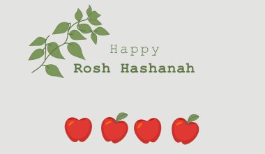Rosh Hashanah 'ın yeşil yapraklı dalları ve kırmızı elmaları olan basit ve zarif bir tasarımı olan tebrik kartı. Yahudi yeni yılını doğayla ve geleneklerle kutlamak için mükemmel.