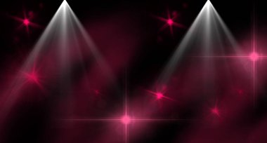   Sahne ışıkları ve pembe yıldız patlaması efektleri olan zarif bir sahne arkası. Etkinlikler, konserler, gösteriler ve kutlama tasarımları için ideal