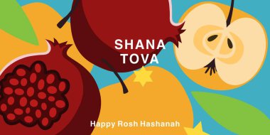 Rosh Hashana, Rosh Hashanah, Yahudi Yeni Yıl tebrik kartı, kapak, tatil web pankartı, poster. Elle çizilmiş, elma ve nar desenli çizim şablonu
