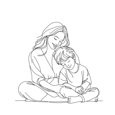 Sevgi dolu ve şefkatli bir anı tasvir eden bir anne ve çocuğun durmaksızın çizdiği çizgi. Minimalist vektör çizimi aile sevgisinin özünü yakalar. Anneler Günü tebrik kartı..