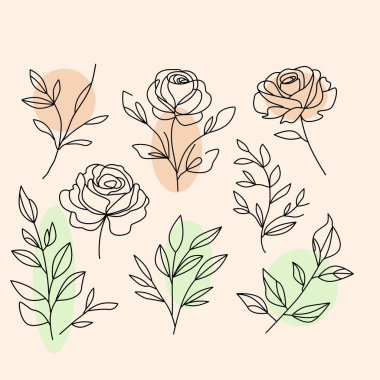 Güller ve bej arka planda aralıksız çizilmiş çeşitli yapraklar içeren minimalist botanik çizimler. Dekoratif amaçlar ve çağdaş sanat projeleri için mükemmel.