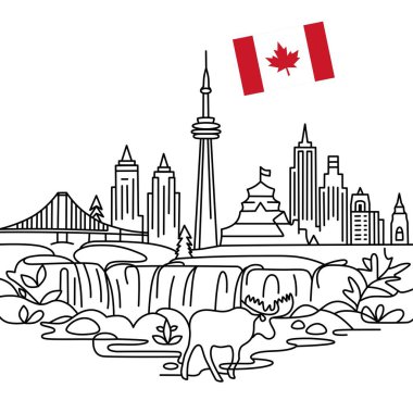 line art illustration featuring iconic Canadian landmarks, including the CN Tower, modern city buildings, a bridge, and natural elements like a moose and a waterfall, with the Canadian flag prominently displayed