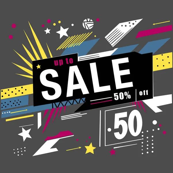 stock image vibrant sale banner with SALE in bold, up to 50% off text. Colorful geometric shapes, stars, and lines on a dark gray background create an eye-catching and urgent design.