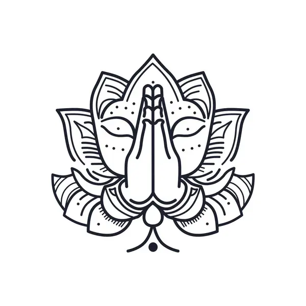 Namaste jestinin ayrıntılı vektör çizimi, dua pozisyonu almış, nilüfer çiçeği tasarımı çerçeveli. Yoga, meditasyon ve kültürel projelerde kullanmak için mükemmel..