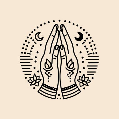 Hilal ay, noktalar ve nilüfer çiçekleri de dahil olmak üzere ruhani sembollerle çevrili dua eden elleri tasvir eden minimalist sanat çizgisi çizimleri. Hindu inanıyor. Namaste. 