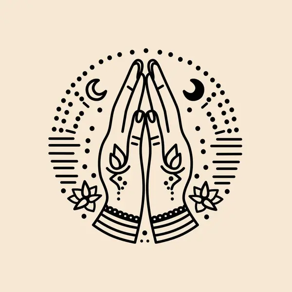 stock vector Minimalistic line art illustration depicting praying hands surrounded by spiritual symbols, including a crescent moon, dots, and lotus flowers. Hindu believes. Namaste. 