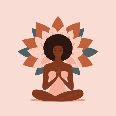 Mandala çiçeği arkaplanlı ve lotus pozisyonunda meditasyon yapan afro saçlı bir kızın vektör çizimi.