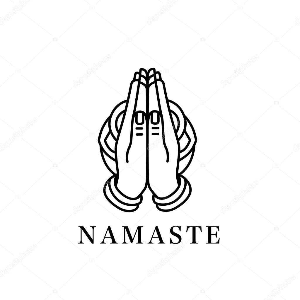 Line art illustration of hands in a namaste gesture. Ideal for yoga, meditation, and mindfulness designs, symbolizing peace and spirituality. Perfect for modern, minimalistic projects.