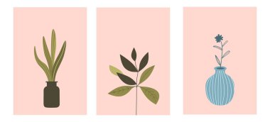 Yumuşak pembe arka planda minimalist bitki ve çiçek tasarımlı vektör kartpostalları..