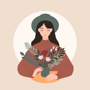 Elinde çiçekli vazo tutan yeşil şapkalı sakin bir kadının minimalist vektör çizimi. Tasarım, sükunet ve zarafet temaları için ideal yumuşak pastel renkler ve temiz çizgiler içeriyor..