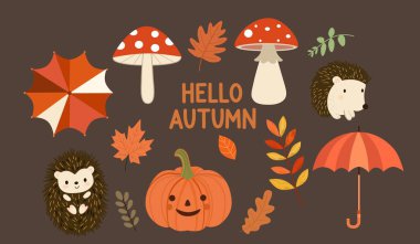 Şirin kirpi, balkabağı, renkli yapraklar, mantarlar ve şemsiyeli sonbahar resimlerinde kahverengi arka planda 