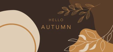 Sonbahar soyut arka plan tasarımı kahverengi ve bej renkli, zarif, minimalist yaprak çizimleri ve Hello Autumn yazısıyla. Mevsimlik selamlar, sosyal medya gönderileri veya dijital afişler