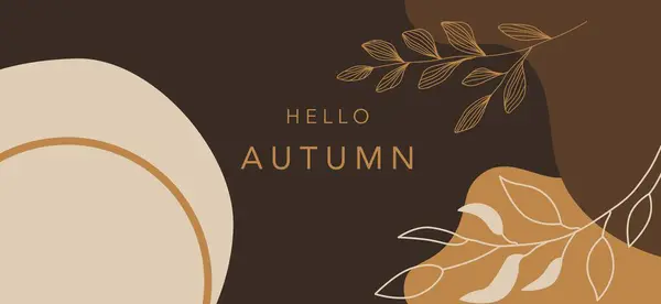 Sonbahar soyut arka plan tasarımı kahverengi ve bej renkli, zarif, minimalist yaprak çizimleri ve Hello Autumn yazısıyla. Mevsimlik selamlar, sosyal medya gönderileri veya dijital afişler