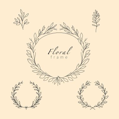 Minimalist çiçekli çerçeve tasarımı el çizimi, yapraklar dairesel ve çelenk şeklinde. Davetiyeler, logolar ve dekoratif unsurlar için mükemmel.