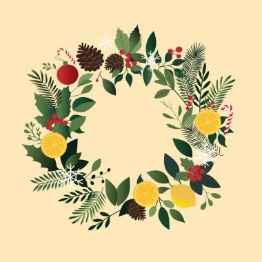 Yeşil yapraklı, dutlu, limonlu ve kozalaklı Noel çelengi bej arka planda şeker kamışı ve kar taneleri, bir bayram teması..