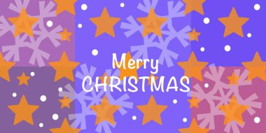 Portakal yıldızları ve parlak mor arka planda kar taneleriyle neşeli mutlu Noeller. Renkli tatil tasarımı festival sezonu için mükemmel..