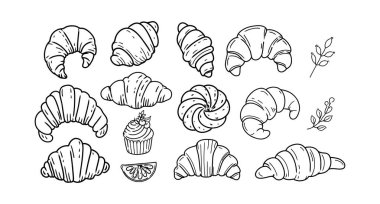 Koleksiyon çizgisi çizimi, kruvasan, kek, limon dilimi ve dekoratif botanik öğeler. Siyah ve beyaz düz dizayn kruvasanlar