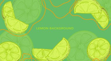 Yeşil arka planda limonların vektör çizimi. Yaz temalı tasarım ve projeler için. Yatay poster, tebrik kartı, web sitesi başlığı. Yaz arkaplanı.