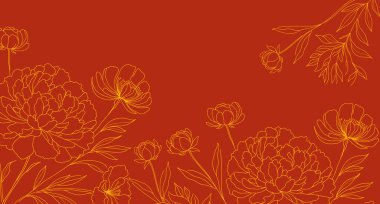 Çiçek arkaplan. Kırmızı arka planda sarı çizgili sanat çiçekleri. Minimalist ve modern botanik tasarımı. Duvar kağıtları, davetiyeler, kumaş baskıları, tebrik kartları için. 