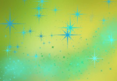   Mavi toz kıvılcımları. Sarı ve yeşil renkli arkaplanda parlıyor. Noel ışıkları etkisi. Soyut kış arkaplanı. 