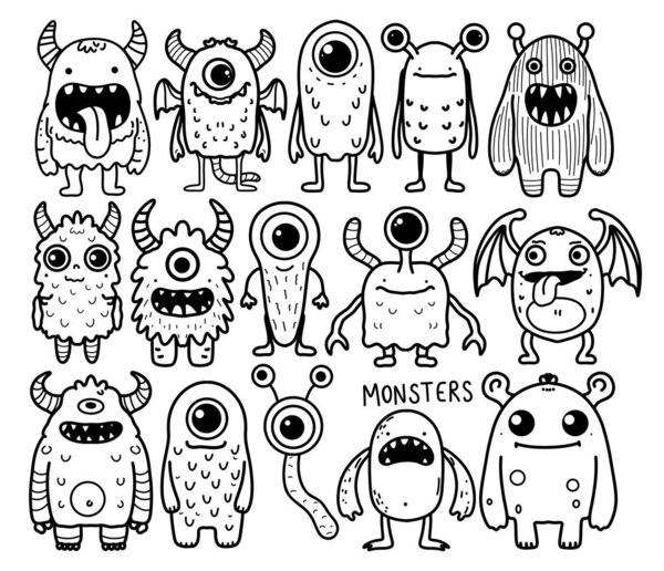 Set of cute monsters. Vector illustration. Coloring book for children. Funny line hand drawn. Bundle of decorative design elements. Character design for posters, cards, magazins. Line.