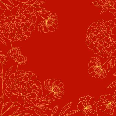 Çiçek arkaplan. Kırmızı arka planda sarı çizgili sanat çiçekleri. Minimalist ve modern botanik tasarımı. Duvar kağıtları, davetiyeler için. Posterler veya afişler, ürün etiketleri, broşürler, el ilanları, ev dekorasyonu