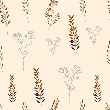 Çiçeksiz desenli, el çizimi yapraklı. Tekstil, kumaş ve duvar kağıtları için vektör çizimi. Dallı desen 