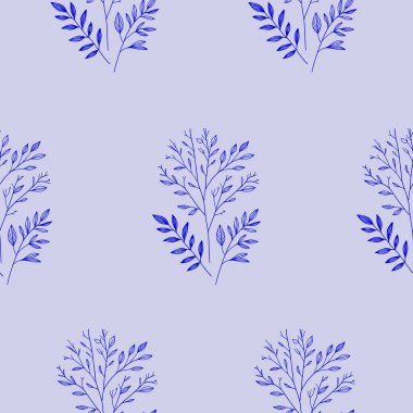 Elle çizilmiş mavi dalları ve yumuşak pastel arka planda yaprakları olan kusursuz botanik deseni. Zarif ve minimalist çiçek tasarımı, tekstil, duvar kağıtları ve kırtasiye malzemeleri için mükemmel.