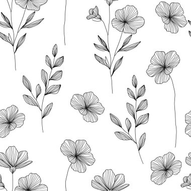 Çiçeklerin vektör çizimi. Çiçek ve yaprakların ince çizgileriyle kusursuz siyah ve beyaz çiçek deseni. Duvar kağıtları, kumaşlar ve kırtasiye malzemeleri için mükemmel.