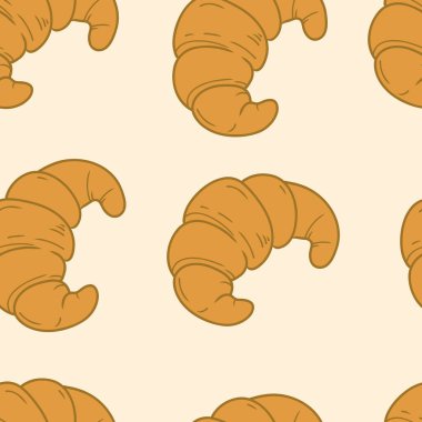 Kruvasanla kusursuz bir desen. Bej arka planda elle çizilmiş kruvasan. Pastane ya da tatlı temalı ambalaj, önlük, masa örtüsü ya da mutfak dekorasyonu için kumaş. 