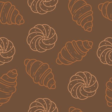 Çörek ve kruvasan ile kusursuz desen. Çizgi çalışması. Vektör. Yemek deseni. Fırın markalaştırma, ambalaj, tekstil, duvar kağıdı, gıda ambalajı, kafe dekorasyonu, menü geçmişi.