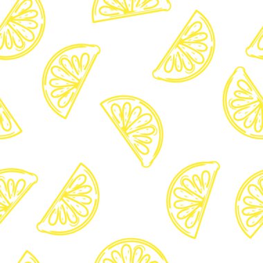 Kusursuz vektör desenli el yapımı limon dilimleri. Taze stil. Yaz döngüsü. Yaz temalı tasarımlar, gıda ambalajı, tekstil, ambalaj kağıdı ve dijital arka planlar için tekstil baskıları.. 