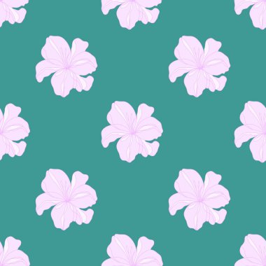 Yeşil arka planda pembe çiçekli pürüzsüz desen. Pembe zambaklar. Kumaş baskıları, duvar kağıtları, ambalaj kağıtları, ev dekorasyonu, kırtasiye, davetiyeler, ambalaj, yaz arkaplanı.