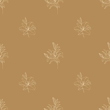  Kusursuz çiçek deseni. Çizgi sanatı çiçekleri vektör deseni. Lily 'nin bej bir geçmişi var. Kumaş baskılar, duvar kağıtları, ambalaj kağıtları, ev dekorasyonu, kırtasiye, davetiyeler, ambalaj, moda tasarımı.