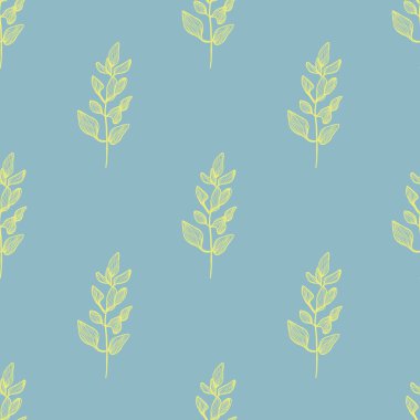Mavi arka planda narin yapraklar içeren kusursuz botanik desenler. Tekstil, duvar kağıtları ve dekoratif tasarımlar için..
