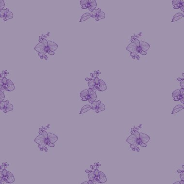  Mor arka planda el çizimi orkide çiçekleri olan kusursuz çiçek deseni. Kumaş, duvar kağıdı, ambalaj kağıdı ve dijital tasarım için mükemmel..