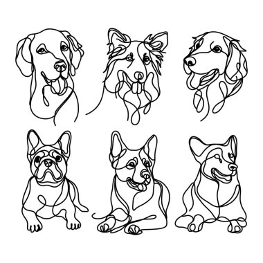 Köpek cinslerinin vektör kümesi gösterimi sürekli bir çizgi şeklinde çizilir. Basit, minimalist tasarım köpekleri. Hayvan temalı projeler için.